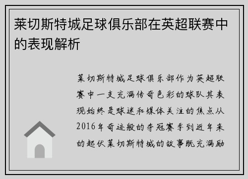 莱切斯特城足球俱乐部在英超联赛中的表现解析